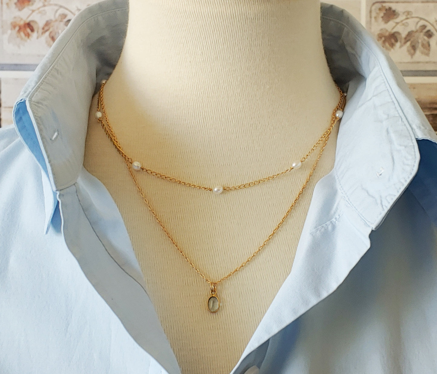 Layering necklaces with bezel drops on 14k Gold filled chain