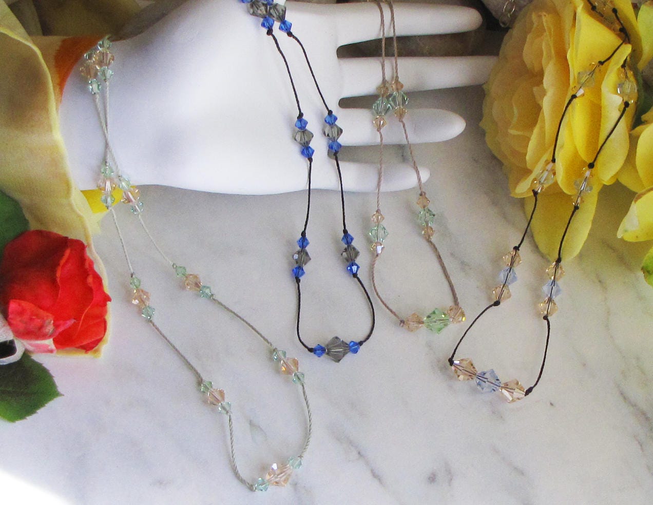 crystal floating necklace on silk cord