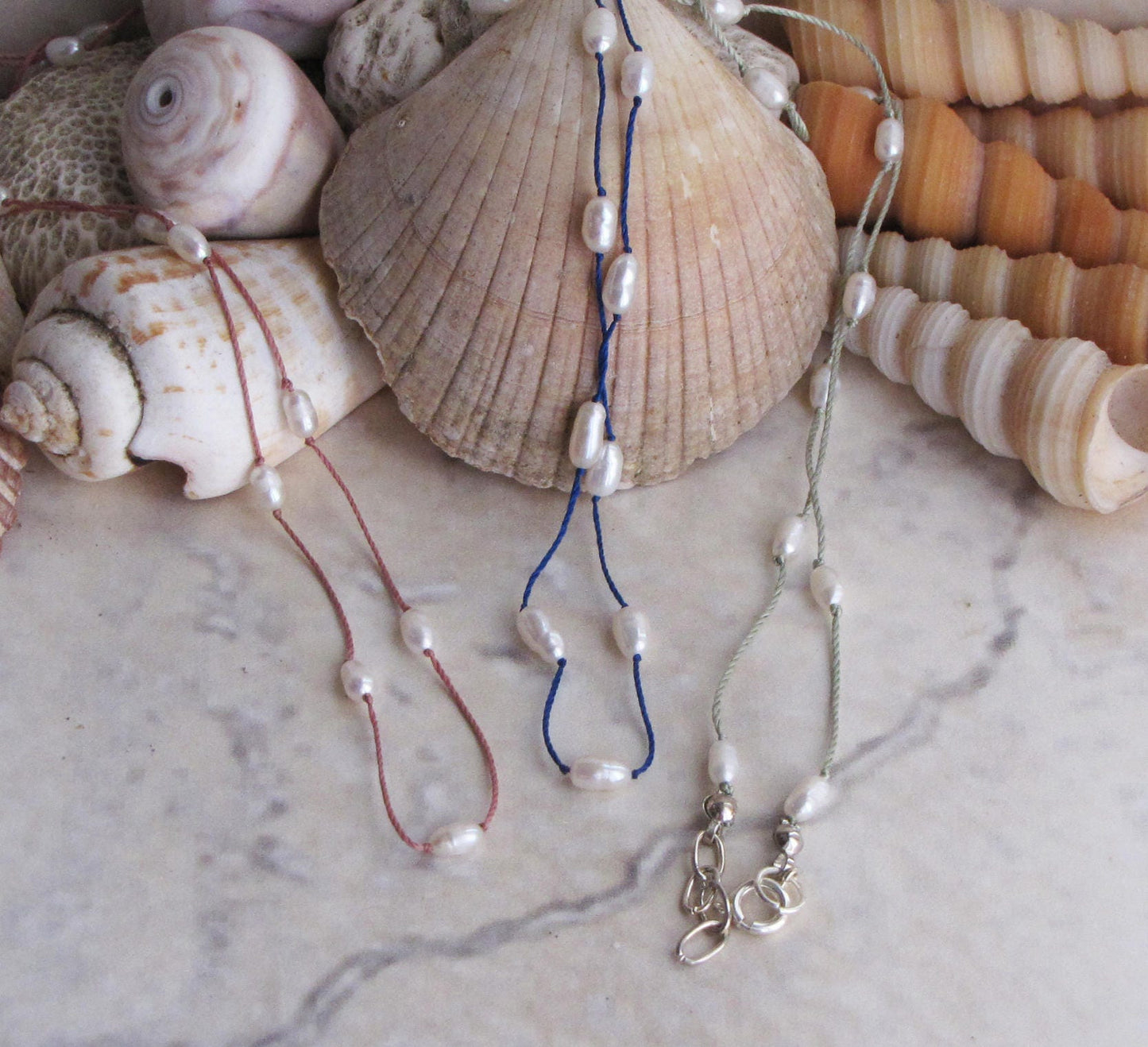 Freshwater pearl  tin cup necklace on silk cord