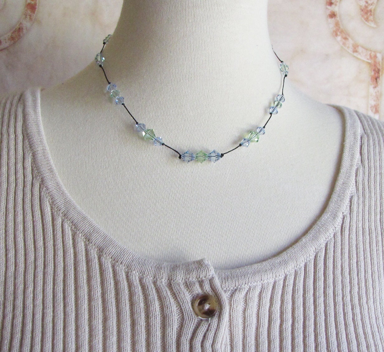 tin cup crystal necklace on nylon