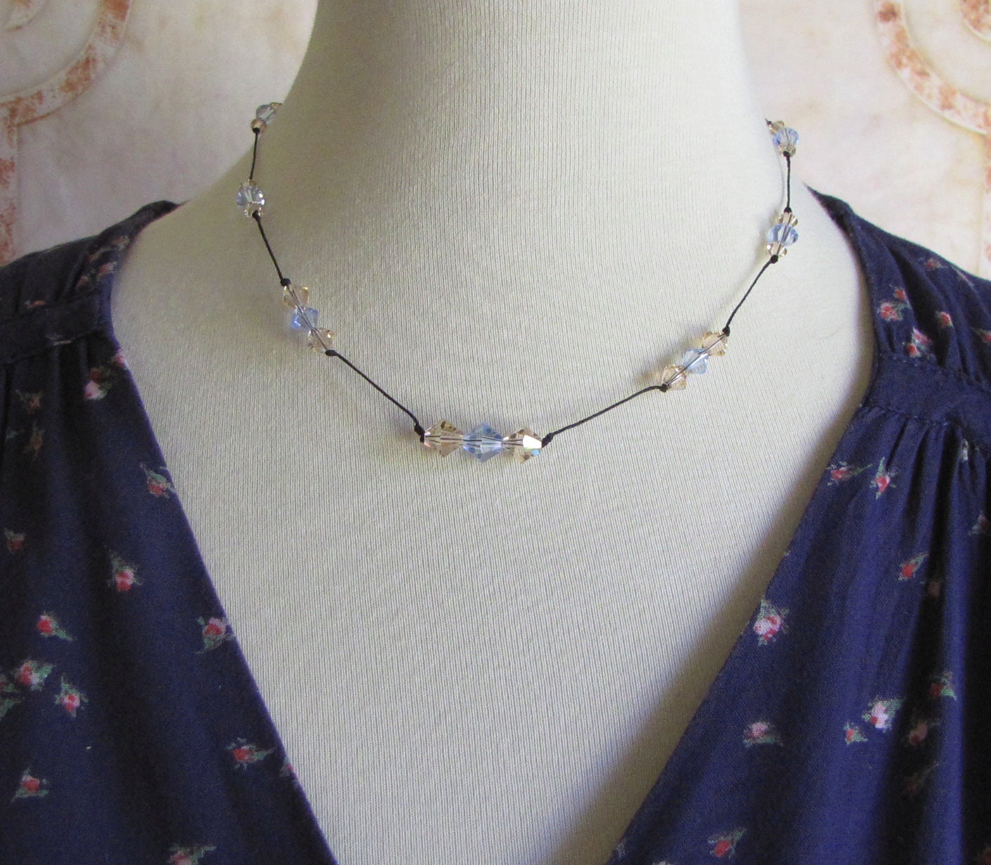 tin cup crystal necklace on nylon