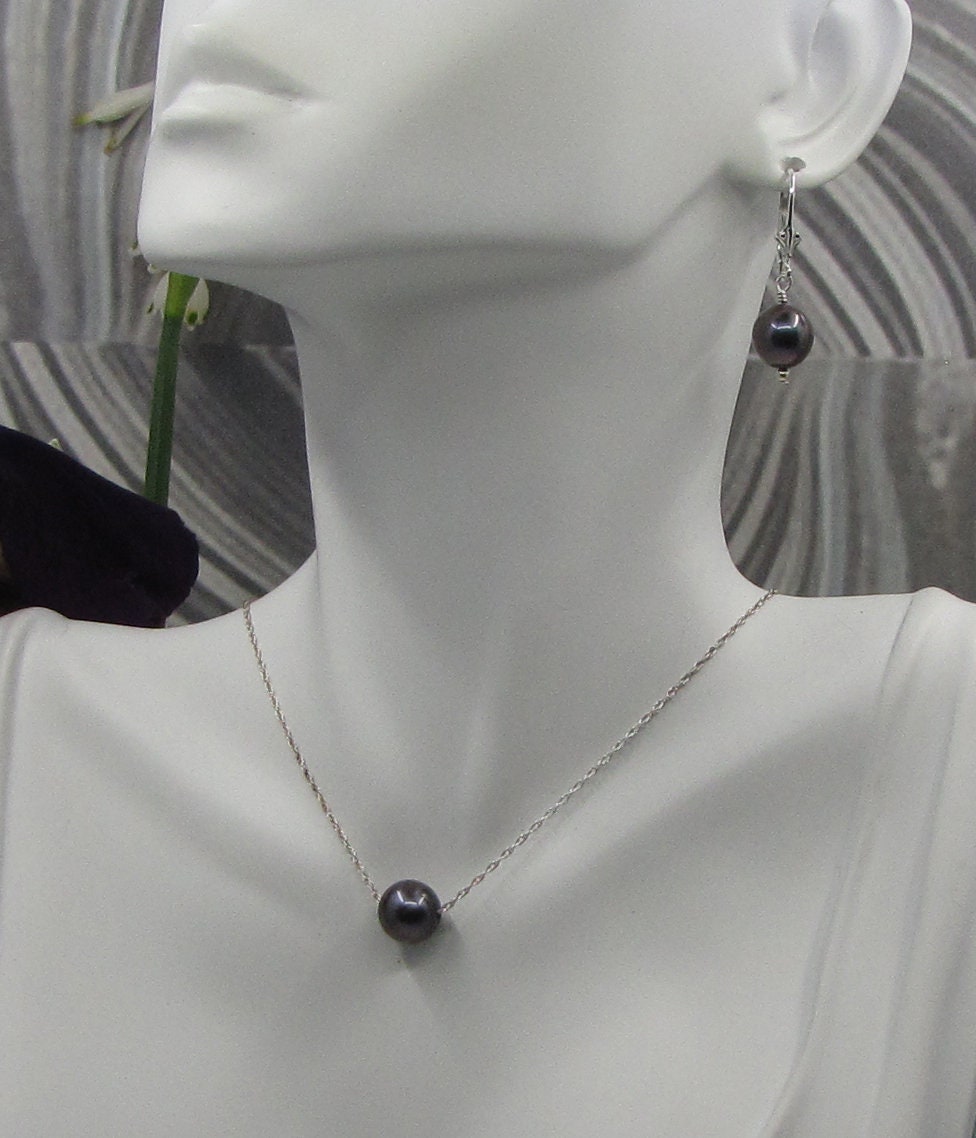 Cultured gray pearl drop earring with  sterling silver Fleur-de-lis Lever backs