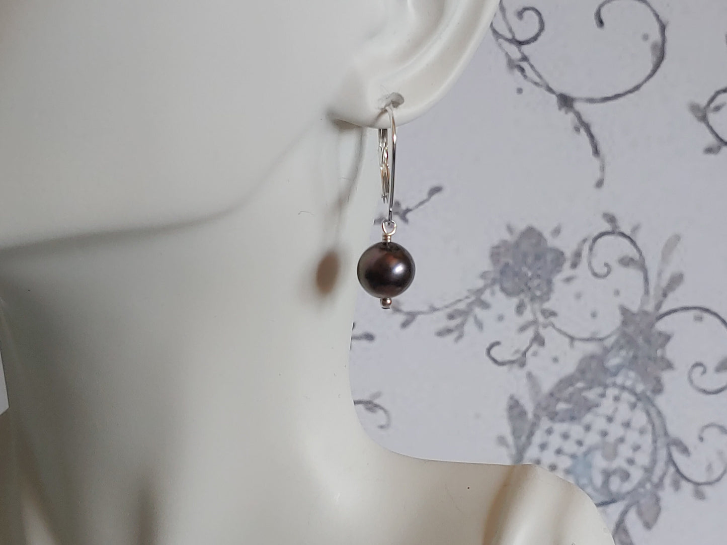 8.5mm black freshwater pearl Lever back drop pearl earrings in sterling silver