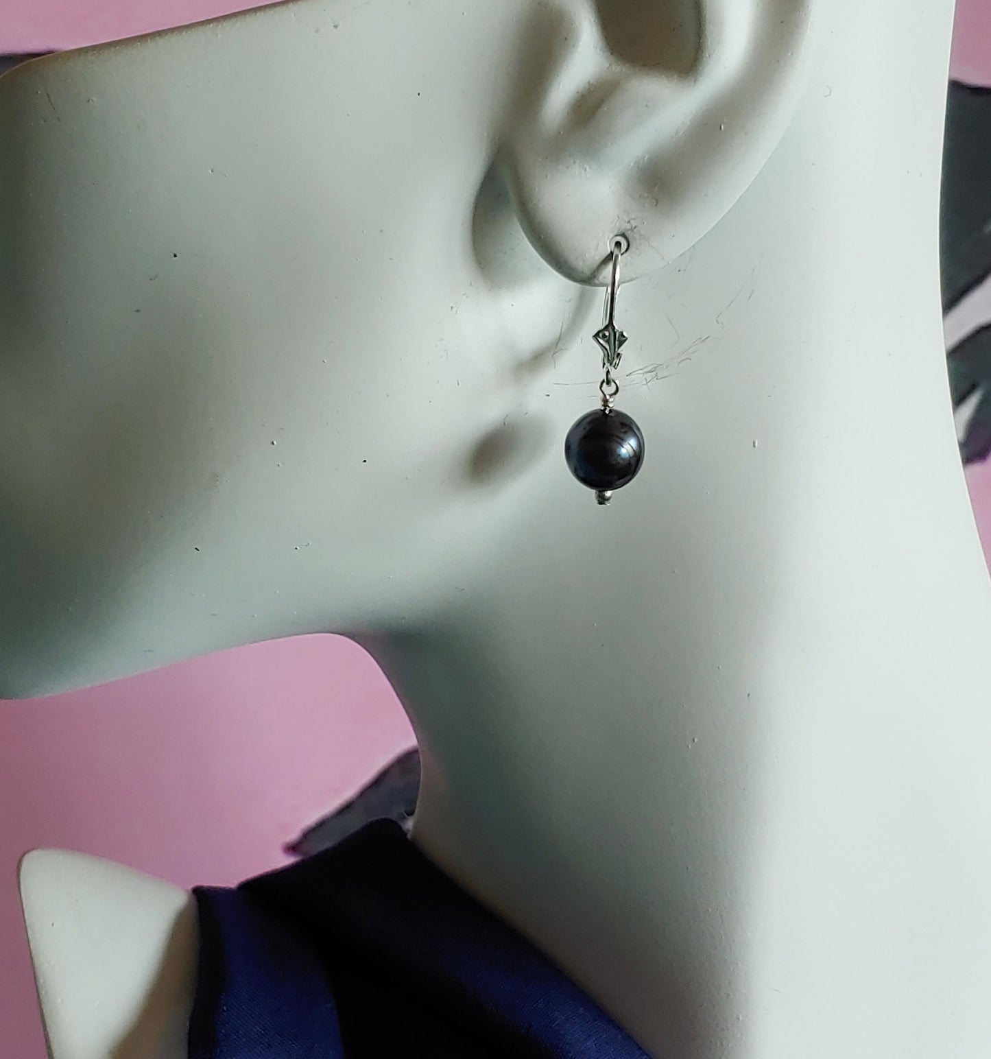 Cultured gray pearl drop earring with  sterling silver Fleur-de-lis Lever backs