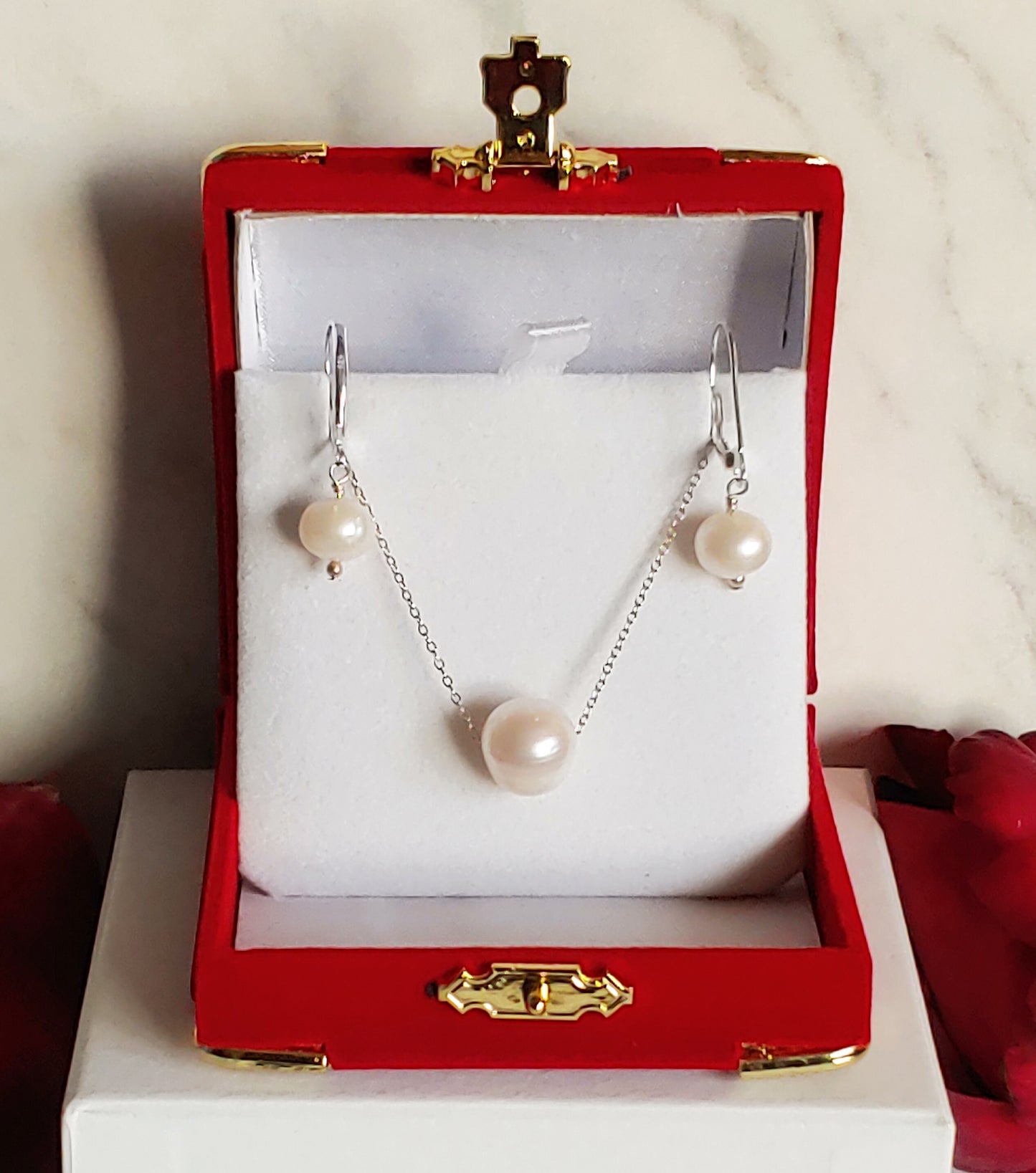 Floating pearl pendant & earring set gift package sterling silver