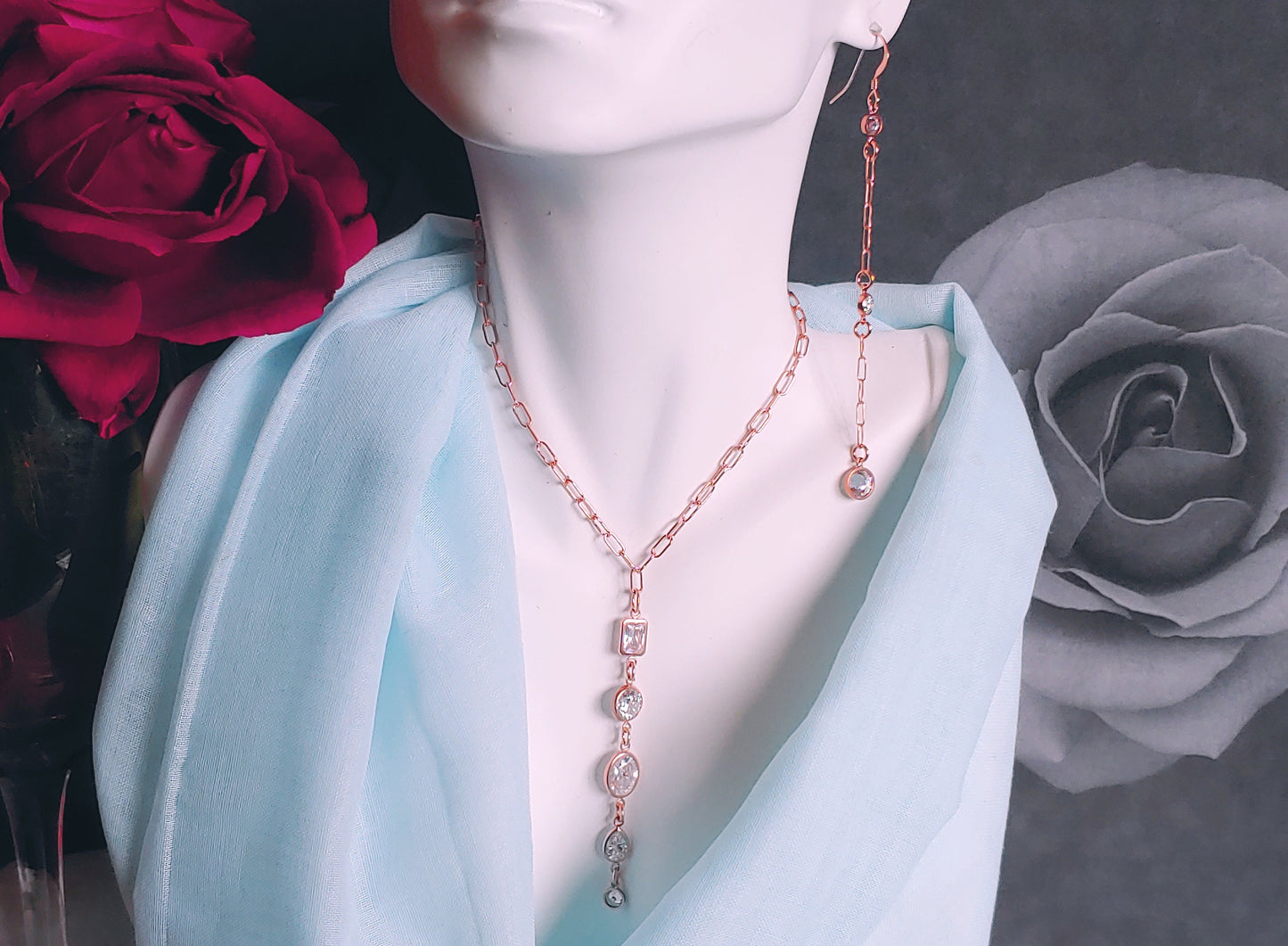 Rose gold filled  CZ pendant Y  necklace and matching drop earrings