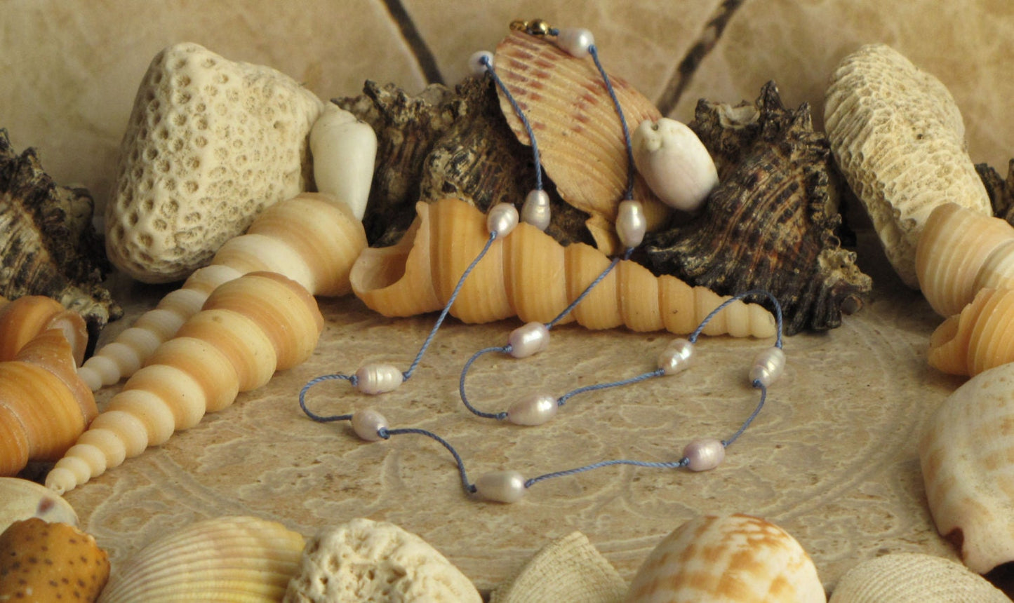 Freshwater pearl  tin cup necklace on silk cord