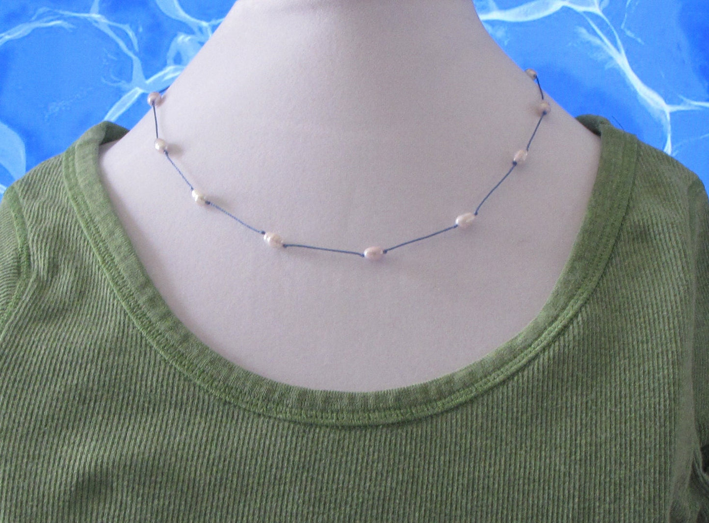 Freshwater pearl  tin cup necklace on silk cord