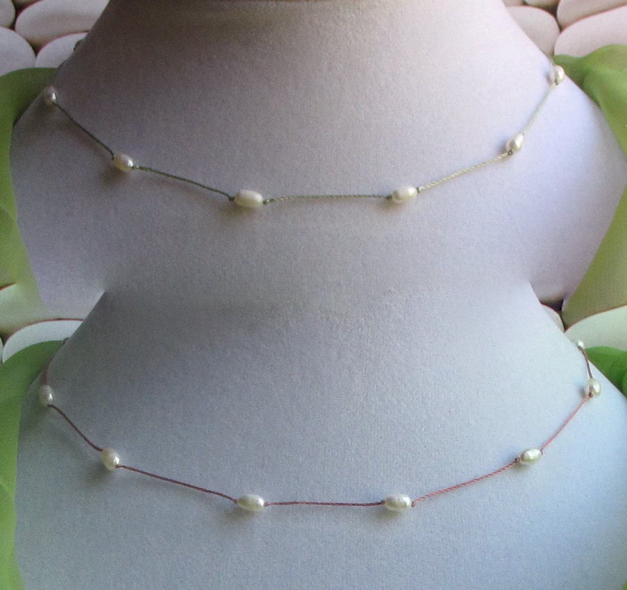 Freshwater pearl  tin cup necklace on silk cord